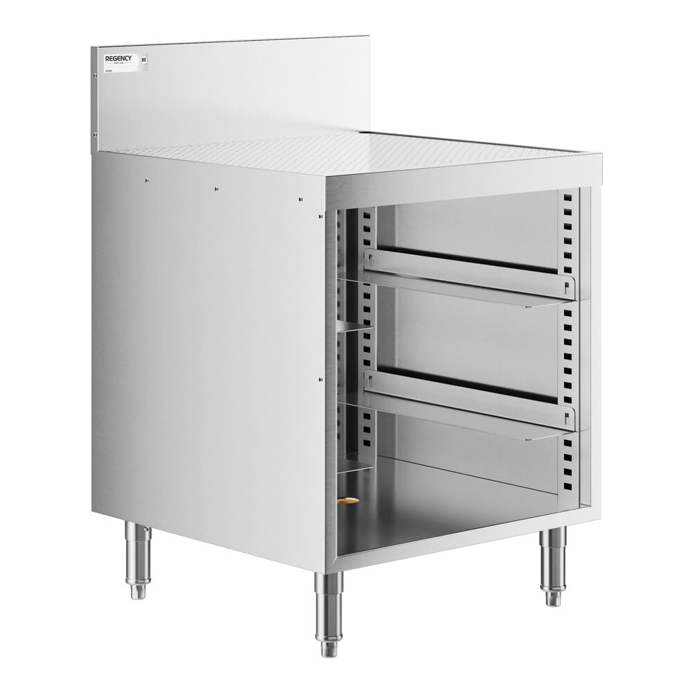 A stainless steel storage unit with a perforated top, adjustable shelves, and four legs.