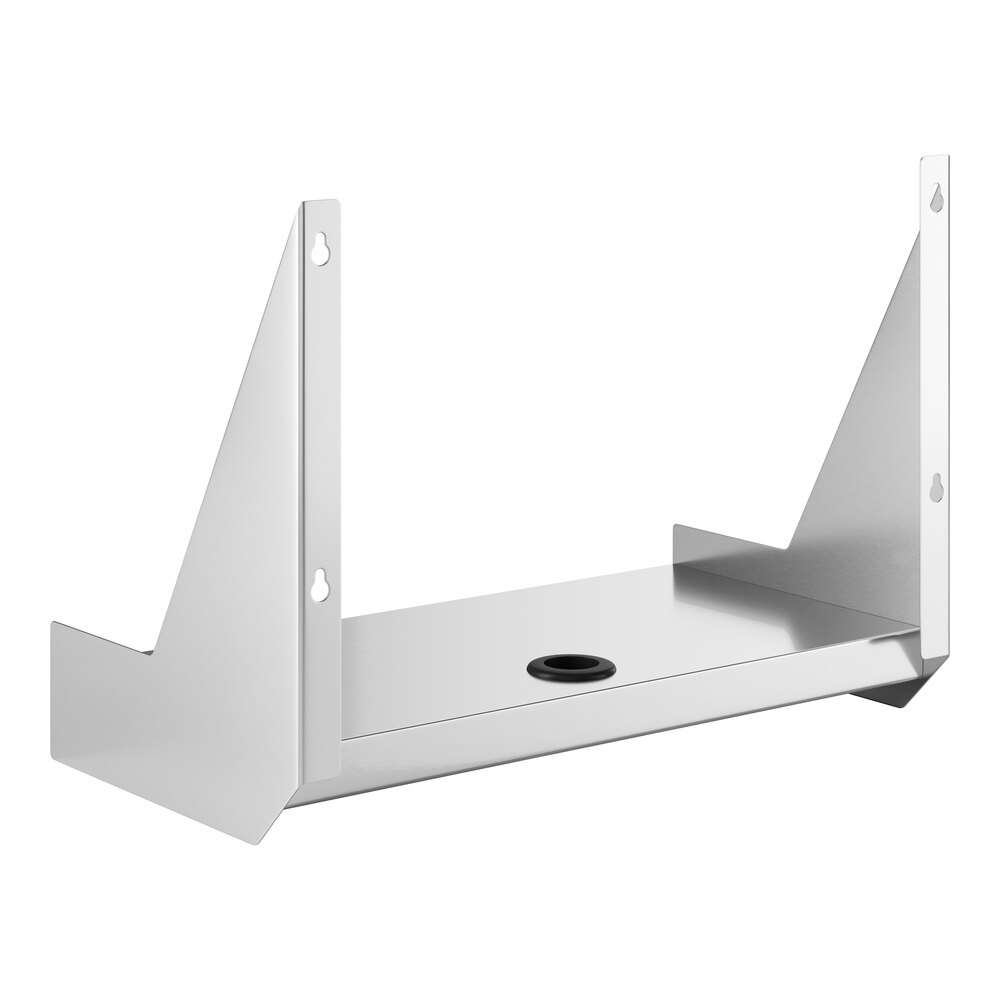 A stainless steel metal shelf with a hole in the middle.