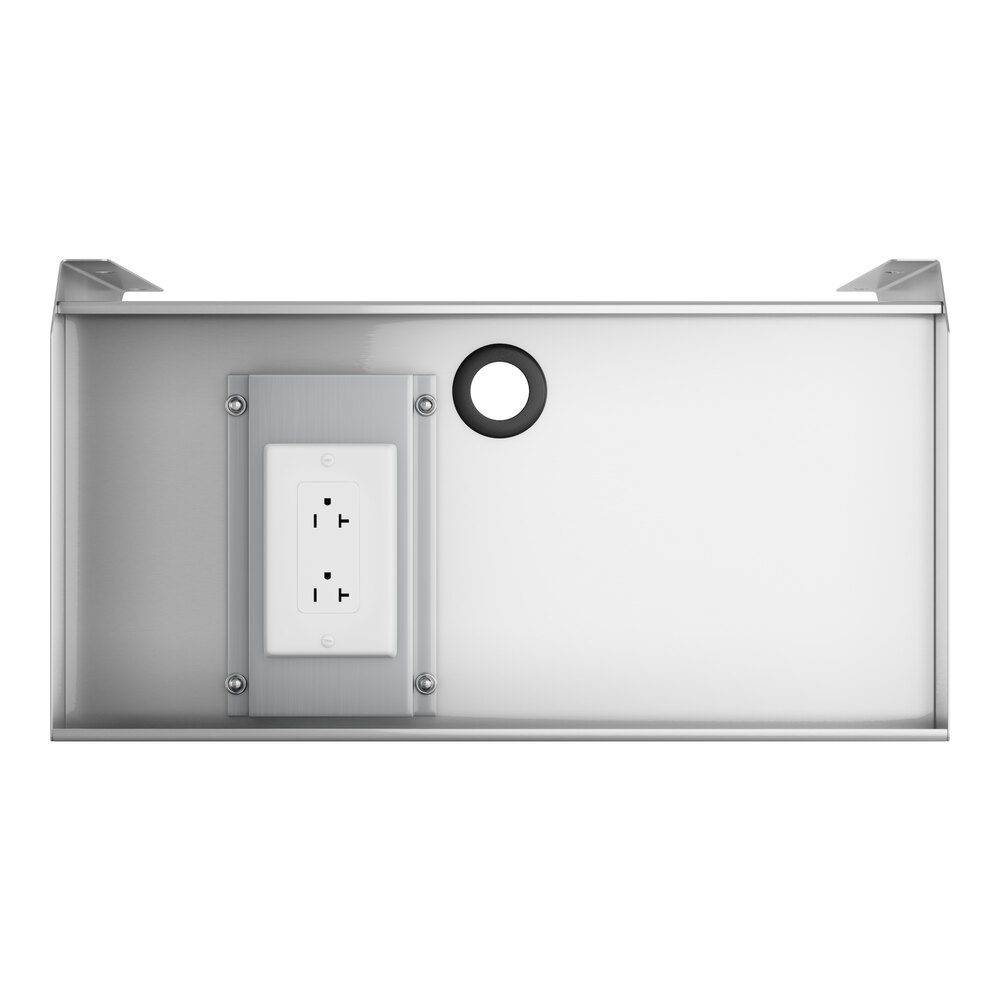 A white rectangular stainless steel shelf with a hole in the center.