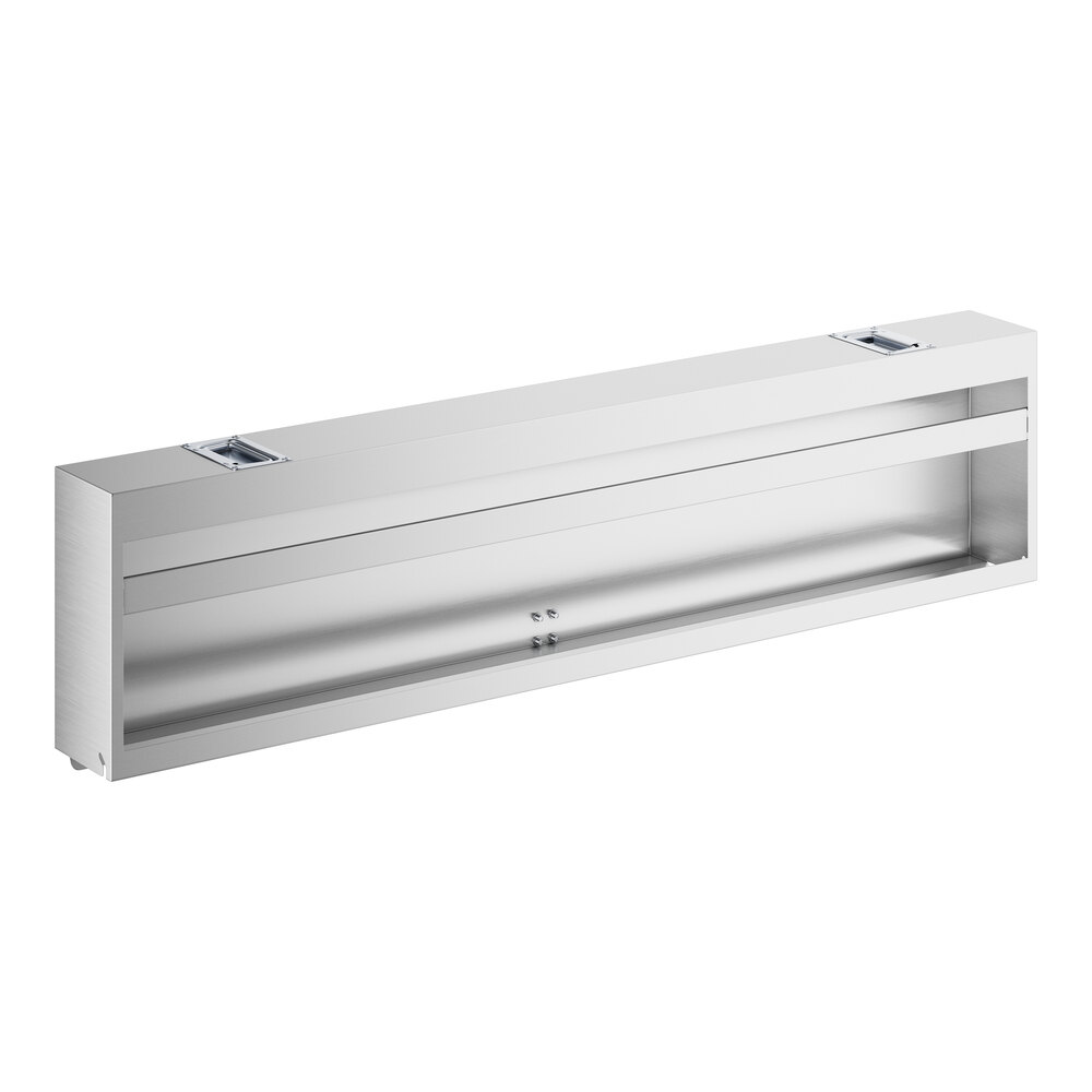 A stainless steel rectangular cover for a long metal shelf.