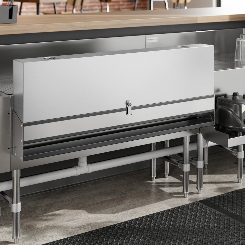 A stainless steel cover for a Regency single tier speed rail.