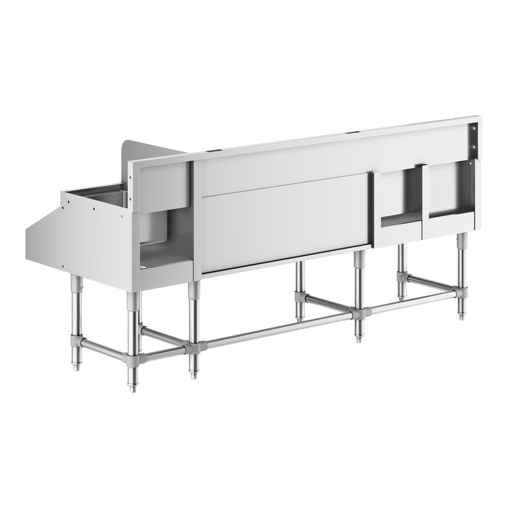 A Regency stainless steel combination cocktail station with a liquor display rack and drainboard.