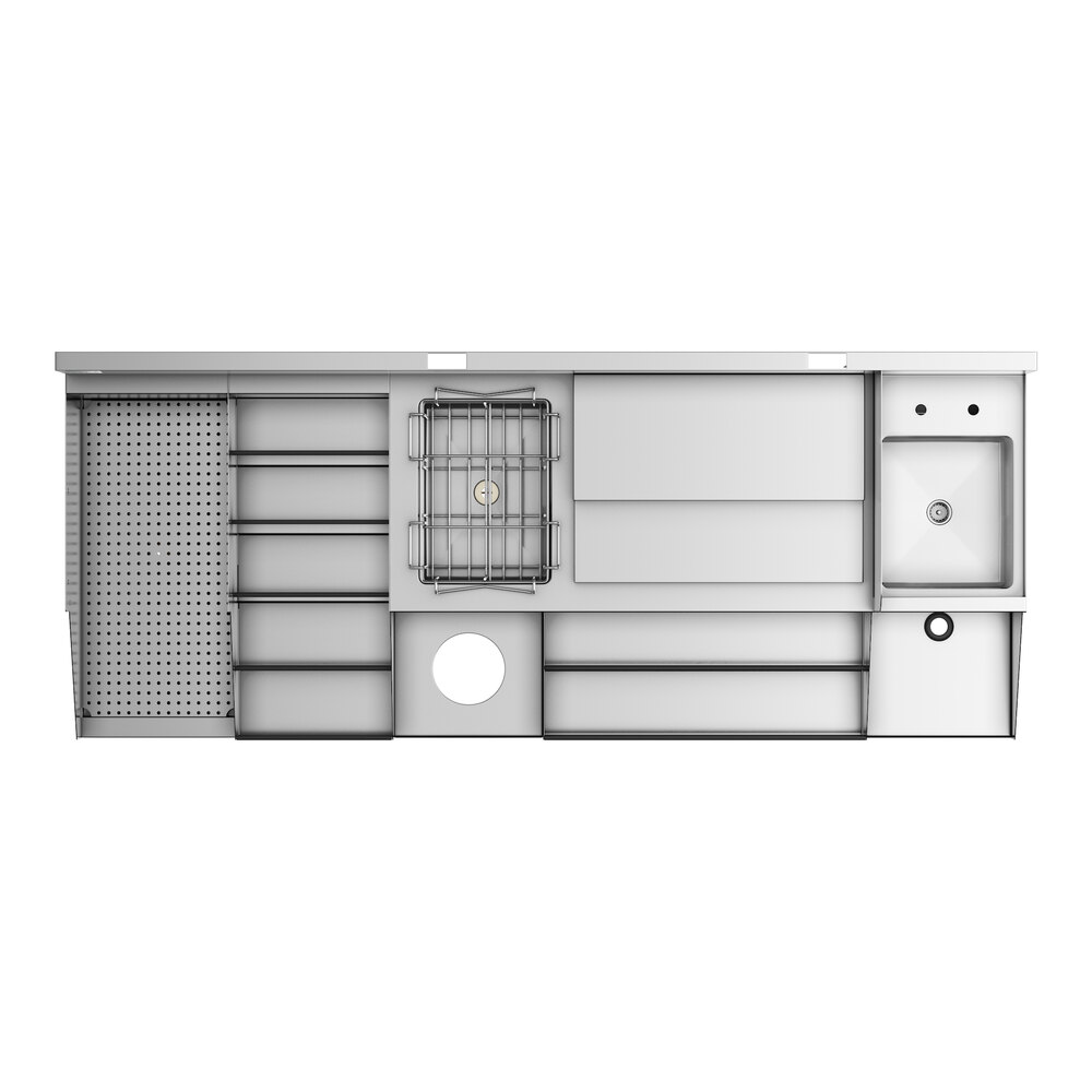 A stainless steel Regency combination cocktail station with a drainboard and a liquor display rack.