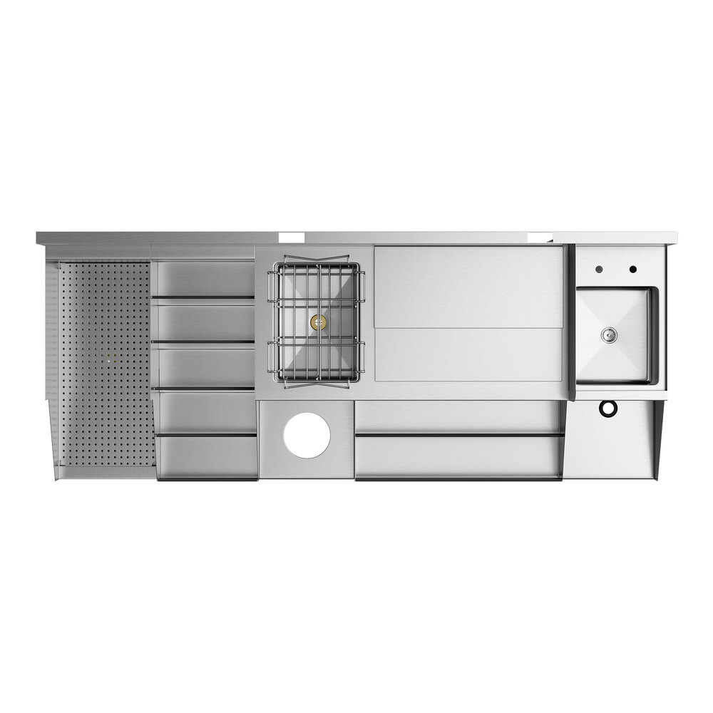 A stainless steel workstation featuring multiple compartments, a small sink, a drainboard, storage drawers, and a liquor display rack.