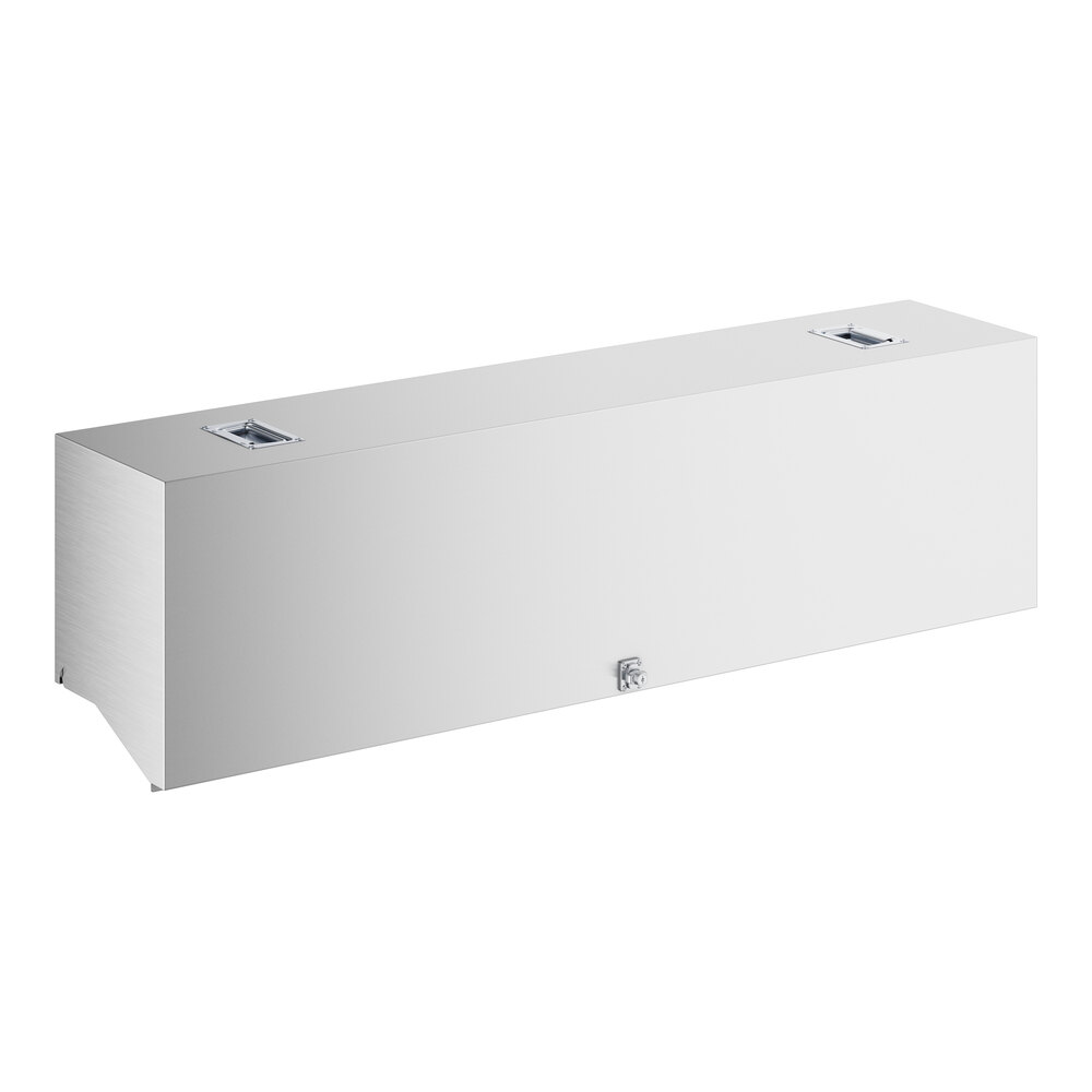 A white rectangular box with a handle containing a stainless steel rectangular cover with metal screws.