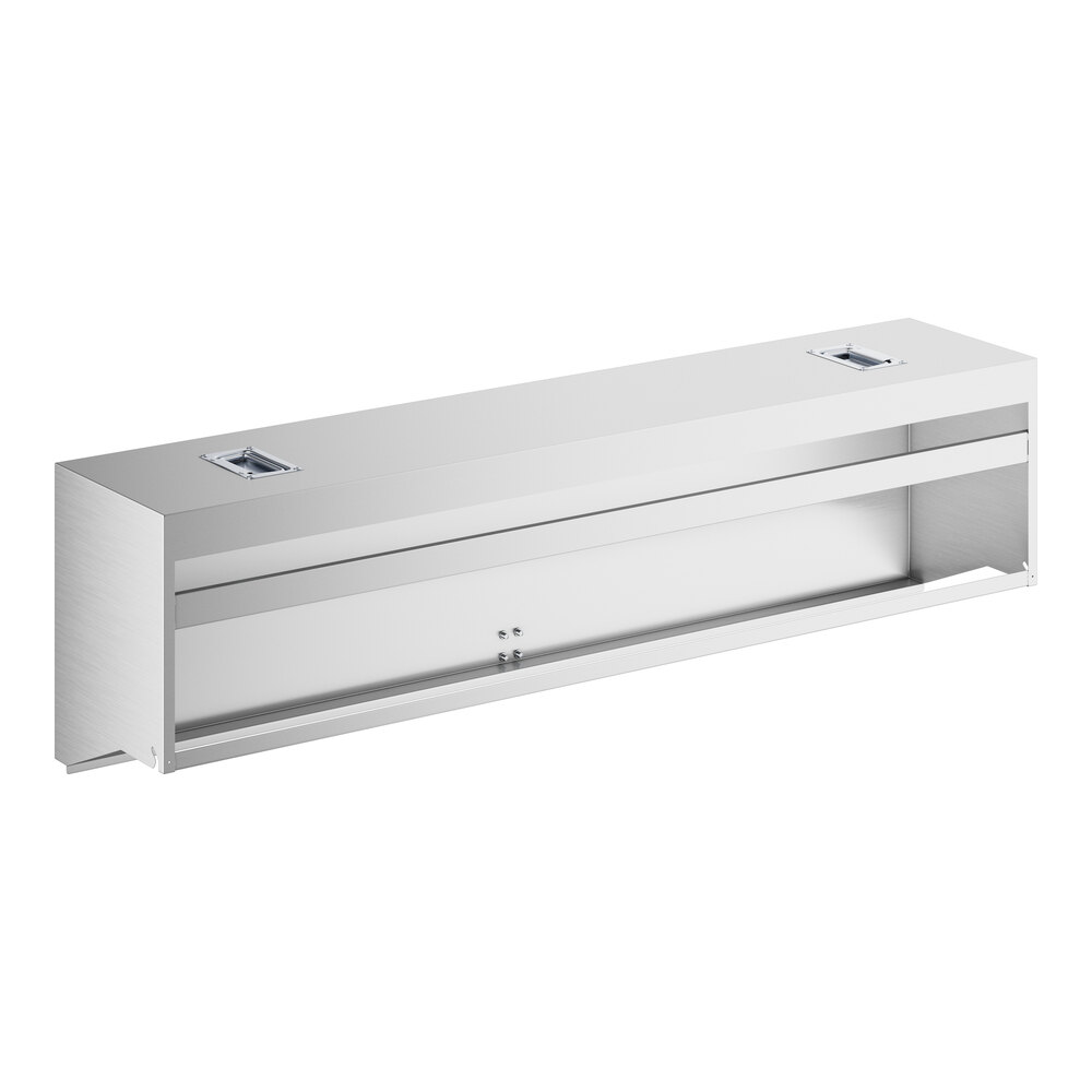 A silver metal rectangular cover with shelves inside.