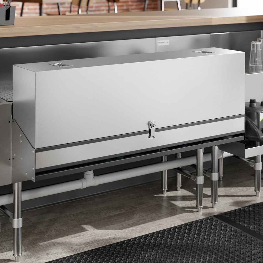 A Regency stainless steel cover for a metal box on a counter.