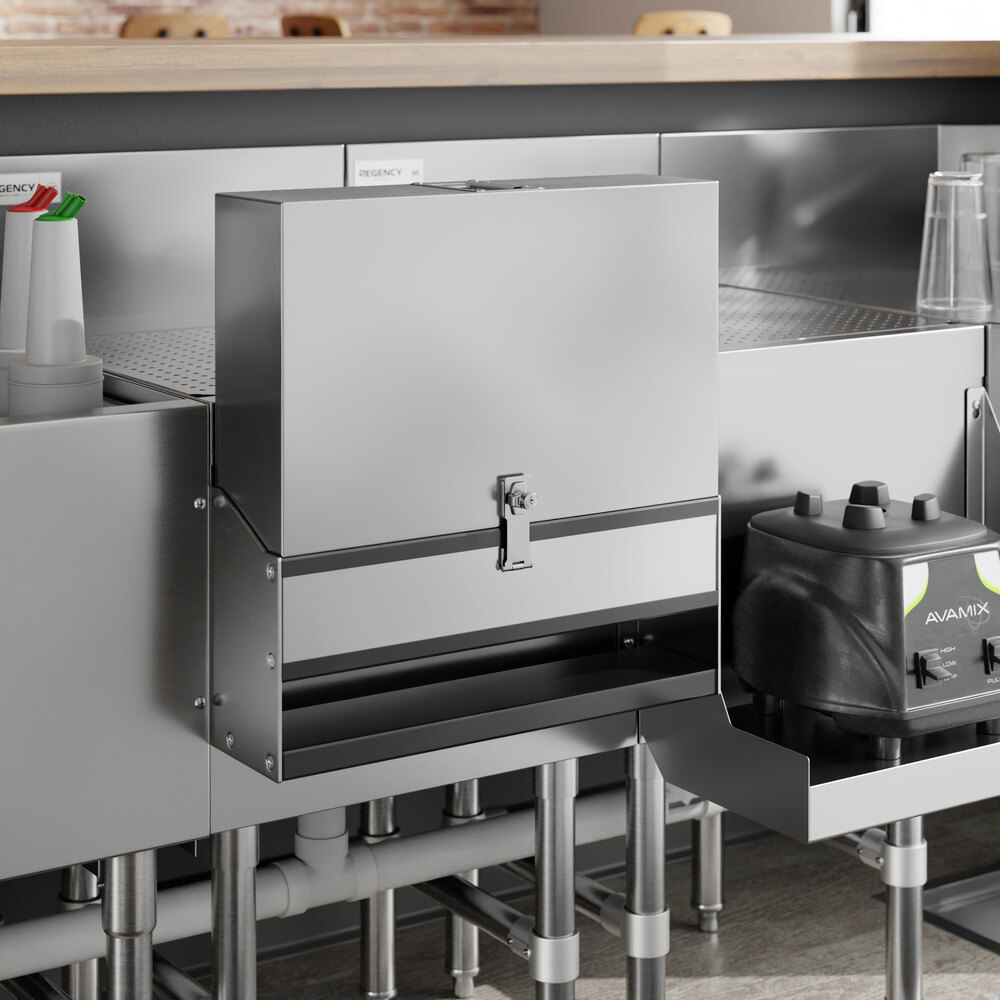 A stainless steel cover for a Regency single tier speed rail on a metal counter.