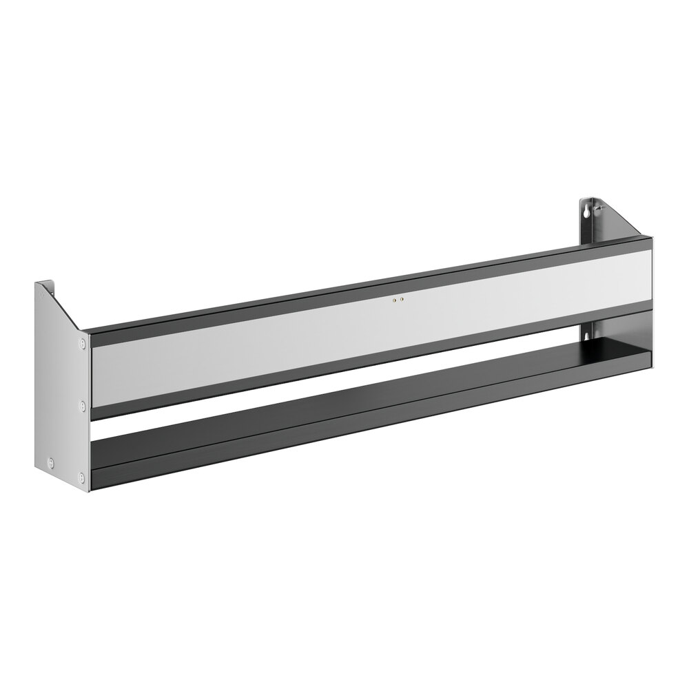 A rectangular stainless steel shelf with a white strip.