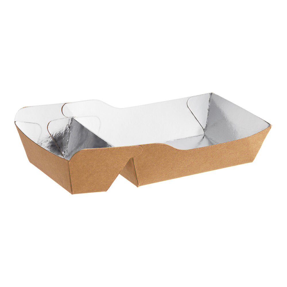 Carnival King 11 oz. Small Two-Compartment Foiled Paper Food Tray 3 1/2 inch x 2 1/2 inch x 1 3/16 inch - 475/Case