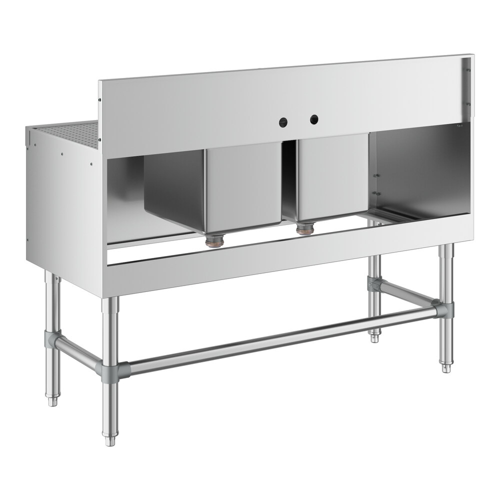 A Regency stainless steel underbar sink with two drainboards and two bowls.