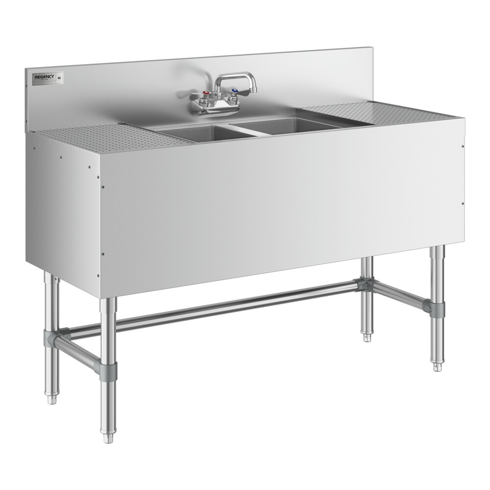 A Regency stainless steel underbar sink with (2) 12" drainboards and faucet.