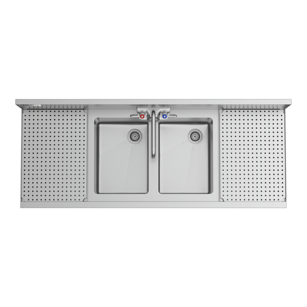 A Regency stainless steel underbar sink with (2) faucets over (2) drainboards.