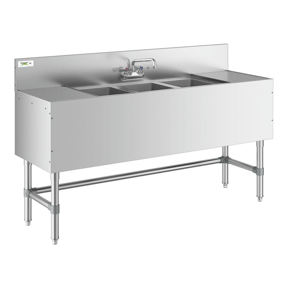A Regency stainless steel underbar sink with three bowls and two drainboards.