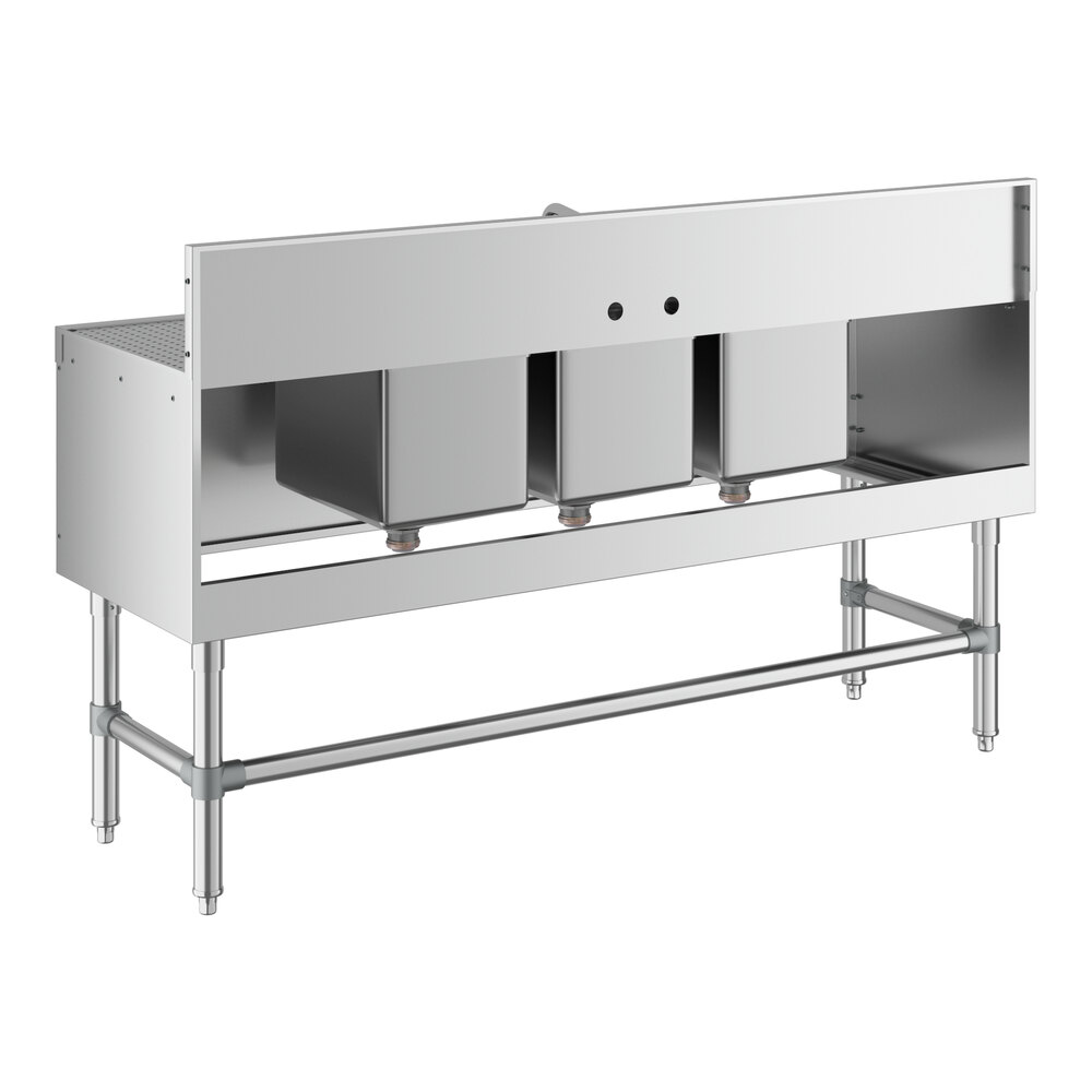 A Regency stainless steel underbar sink with three bowls, (2) 12" drainboards, and a faucet.