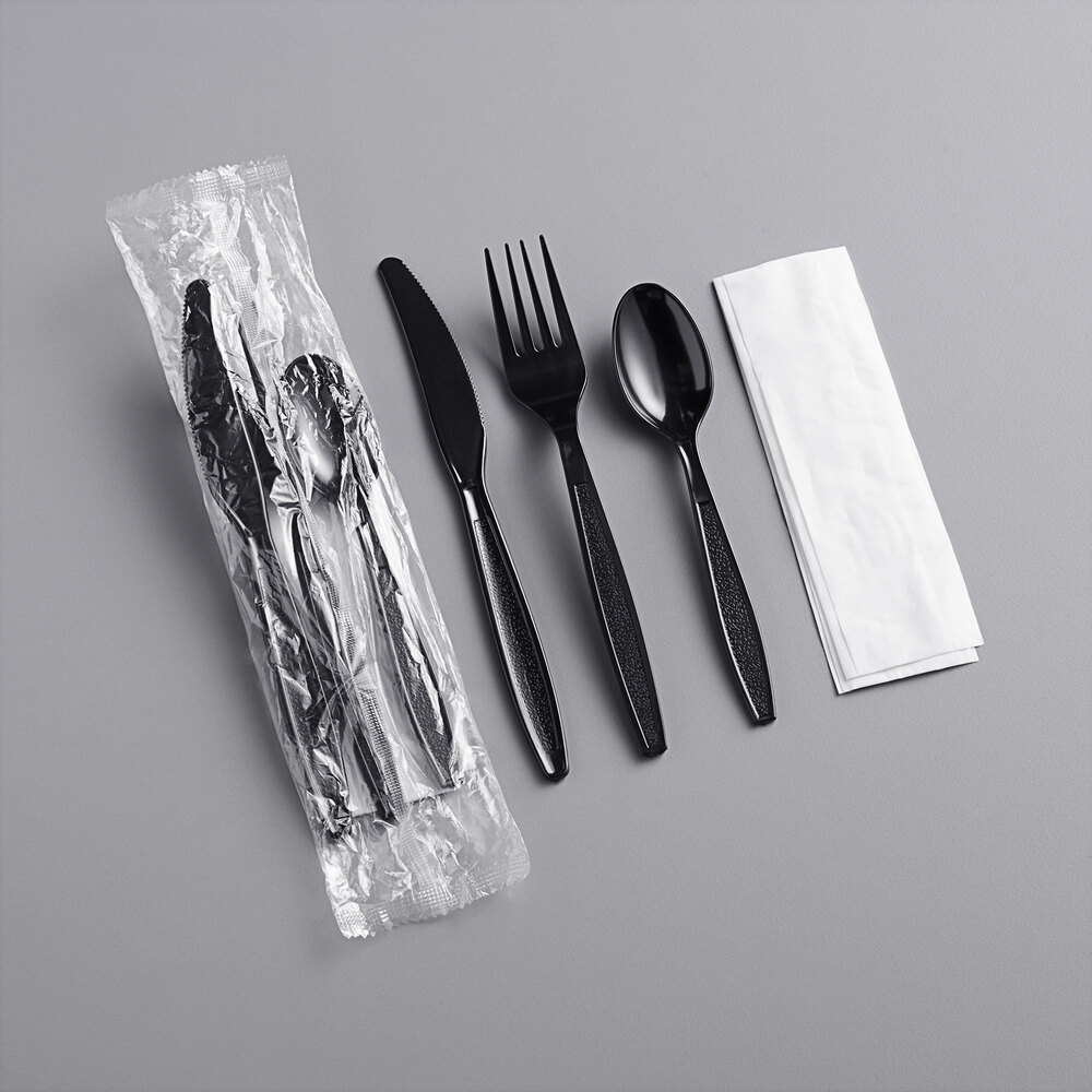 Choice Black Heavy Weight Wrapped Plastic Cutlery Pack with Napkin