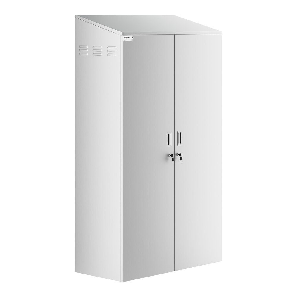 A tall, white metal cabinet with double doors, ventilation slots on the side, and a sloped top.