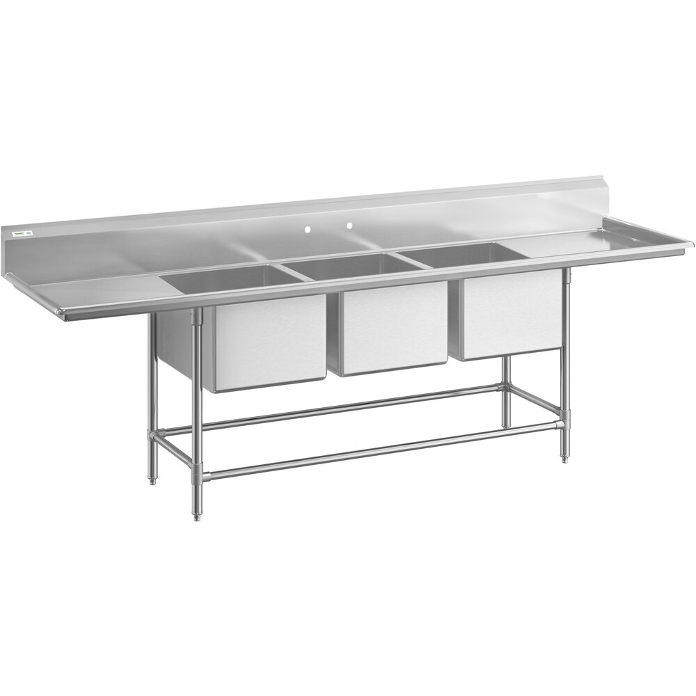 Regency 115 inch 16-Gauge Stainless Steel Three Compartment Commercial Sink with 2 Drainboards - 20 inch x 28 inch x 14 inch Bowls