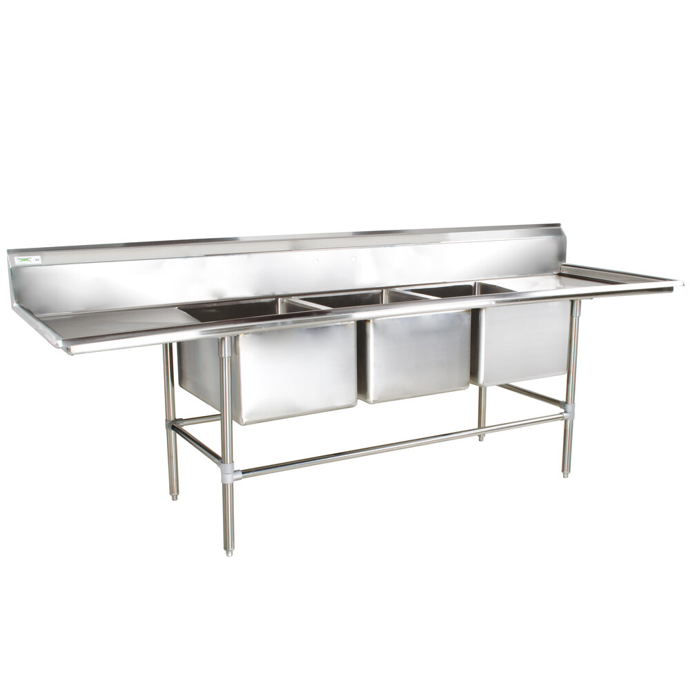 Regency 115 inch 16-Gauge Stainless Steel Three Compartment Commercial Sink with 2 Drainboards - 20 inch x 28 inch x 14 inch Bowls