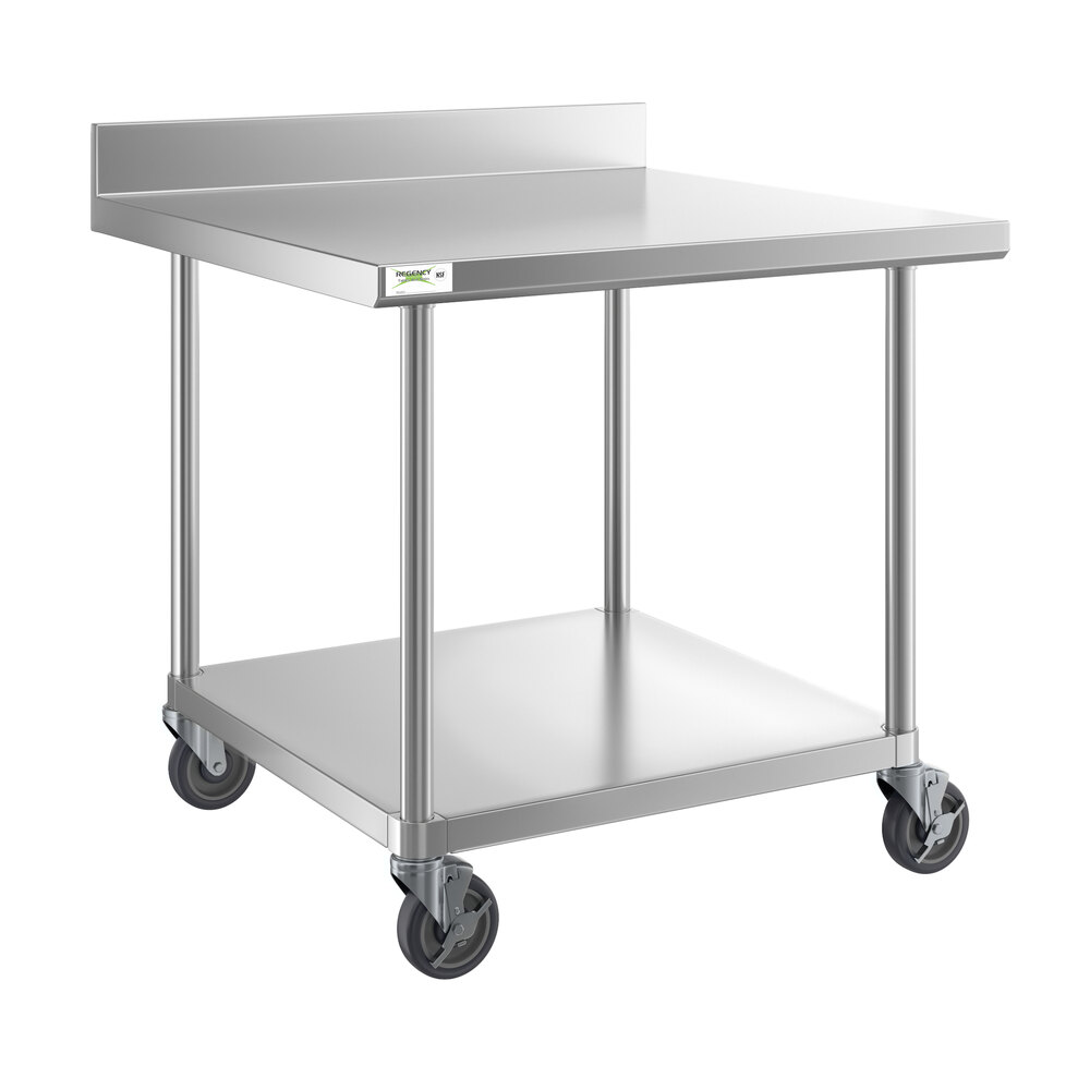 Regency 36 inch x 36 inch 16-Gauge 304 Stainless Steel Commercial Work Table with 4 inch Backsplash, Undershelf, and Casters