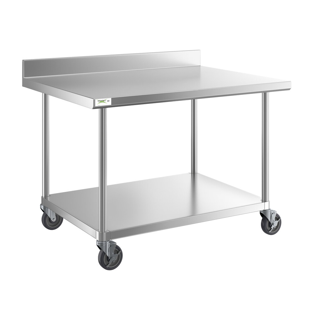 Regency 36 inch x 48 inch 16-Gauge 304 Stainless Steel Commercial Work Table with 4 inch Backsplash, Undershelf, and Casters