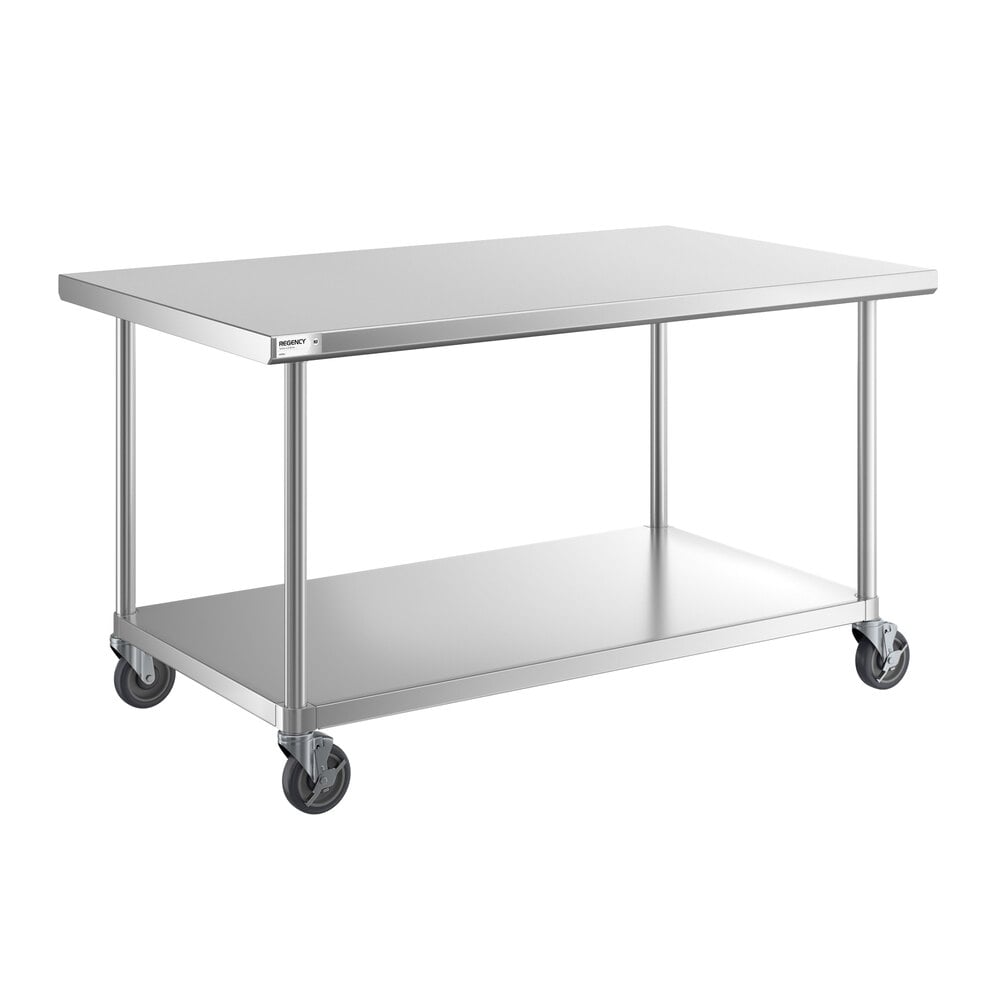 A stainless steel work table with an undershelf and four caster wheels, designed for mobility and utility.