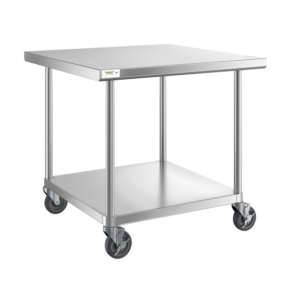 Regency 36 inch x 36 inch 16-Gauge 304 Stainless Steel Commercial Work Table with Undershelf and Casters