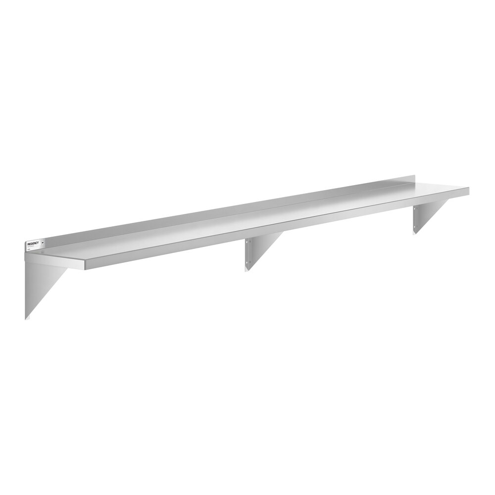 A long, silver-colored metal wall shelf with three triangular support brackets.