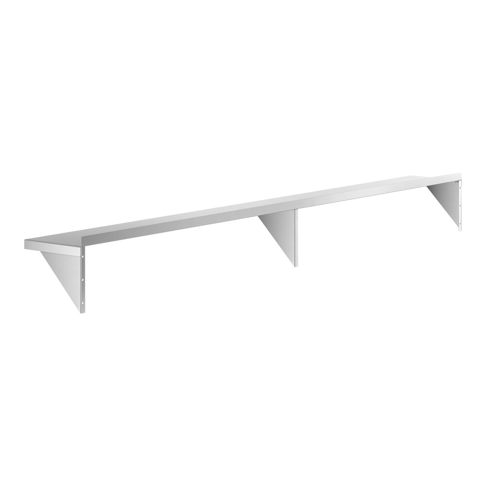 A long, rectangular metal wall shelf with three triangular support brackets.