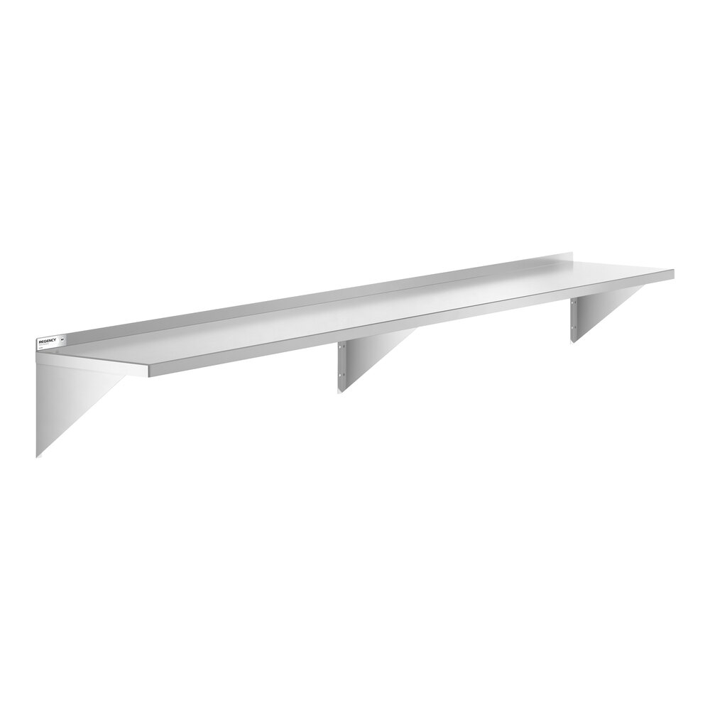 A long, wall-mounted stainless steel shelf with three triangular support brackets and a raised back edge.