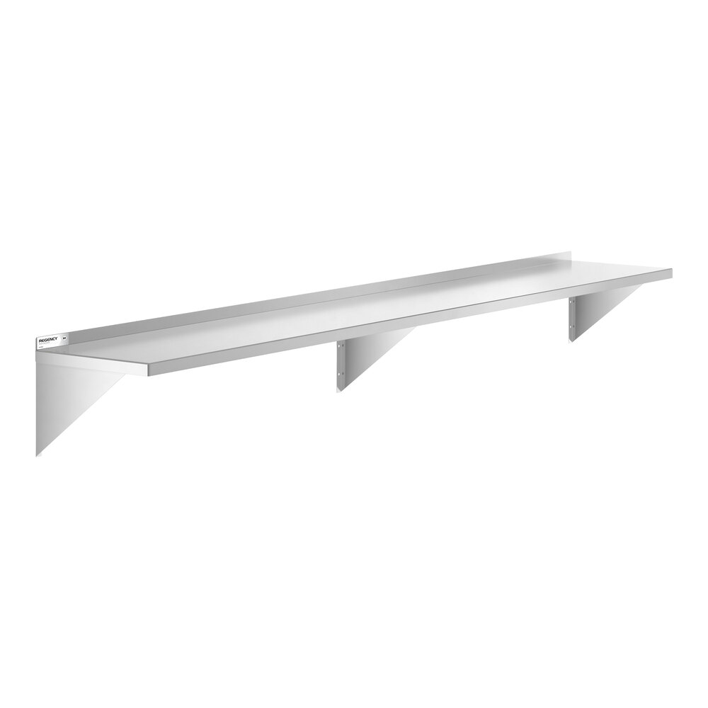 A long, wall-mounted metal shelf with three triangular support brackets and a raised back edge.