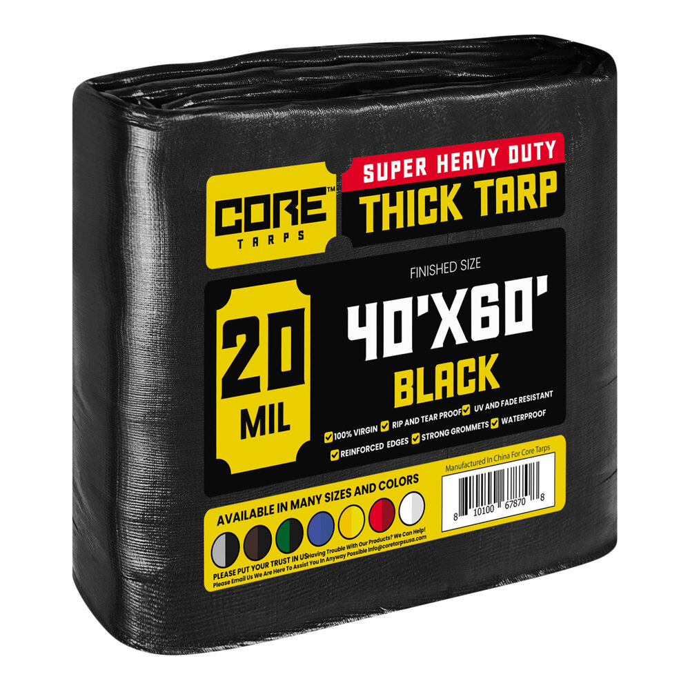Core Tarps 40' x 60' Black Extreme HeavyDuty Weatherproof 20 Mil Poly