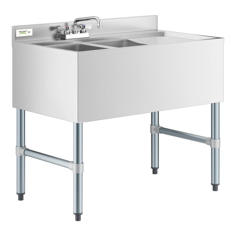Regency 2 Bowl Underbar Sink with Faucet and Right Drainboard - 36 inch x 21 inch