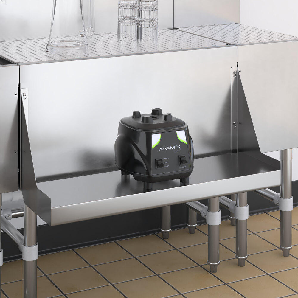 A Regency stainless steel shelf holding a black blender.