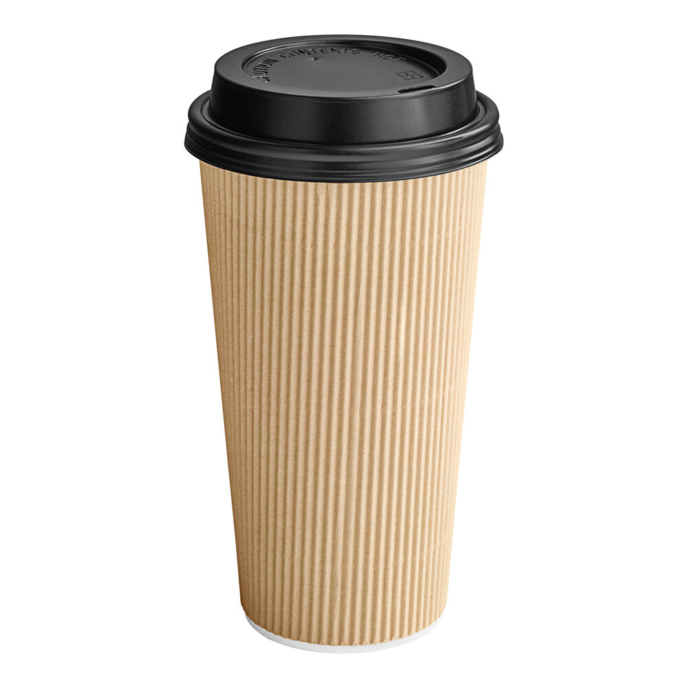 Choice 20 oz. Double Wall Ripple Kraft Paper Hot Cup and Black Lid ...