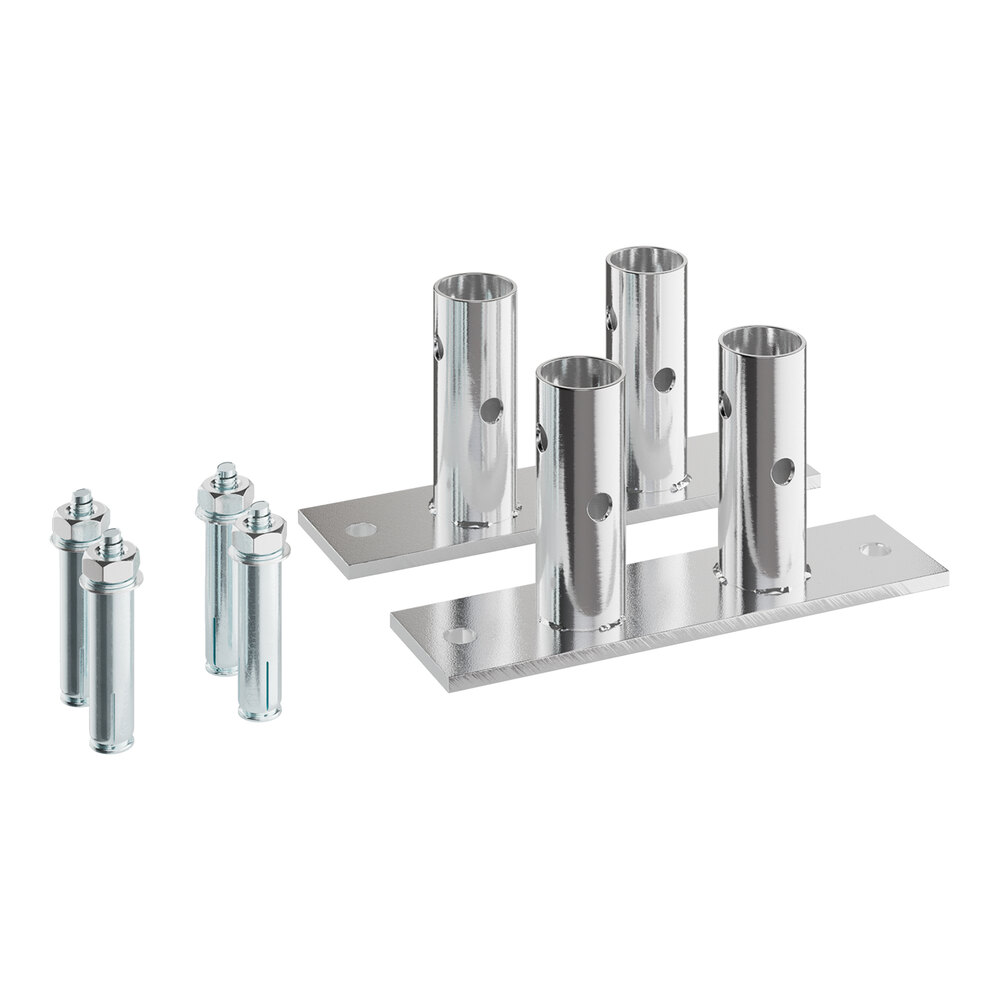 Two rectangular metal plates each with two vertical cylindrical tubes attached, alongside four metal bolts with nuts, all with a shiny metallic finish.
