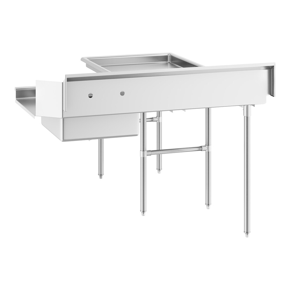 A stainless steel L-shaped table with a deep basin, raised edges, and four sturdy legs.