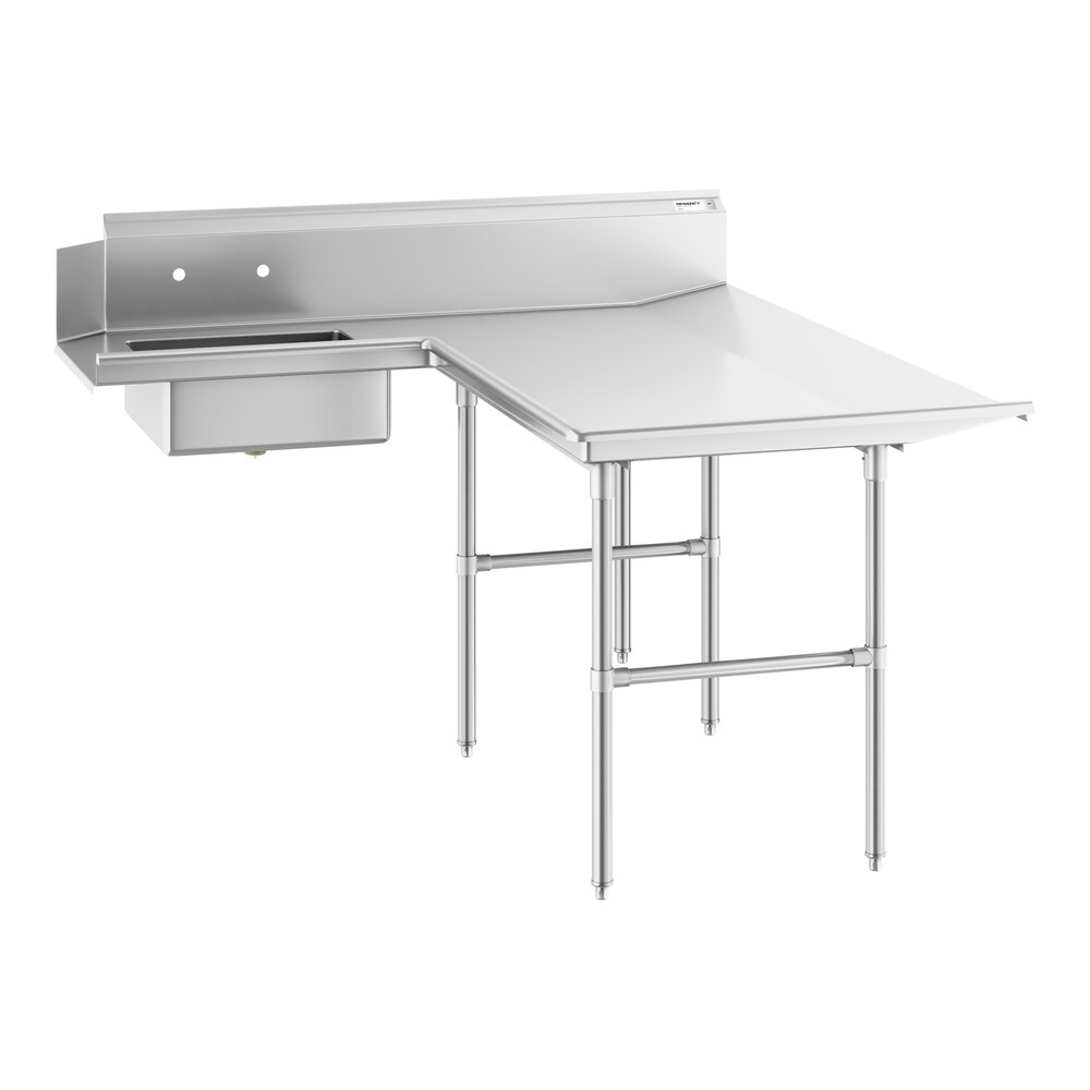 A stainless steel L-shaped table with a backsplash, integrated sink on the left side, and sturdy metal legs.
