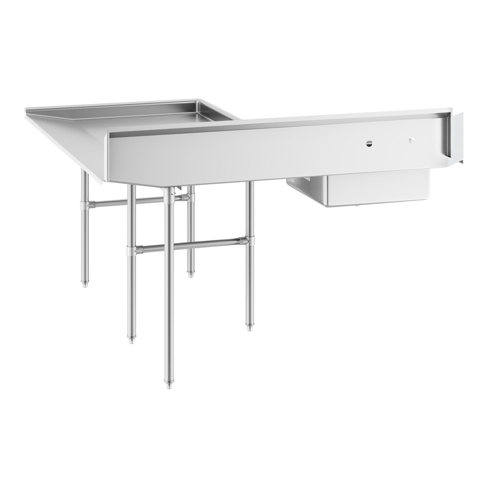 A stainless steel L-shaped table with raised edges, supported by multiple metal legs, and featuring a box-like compartment underneath one side.