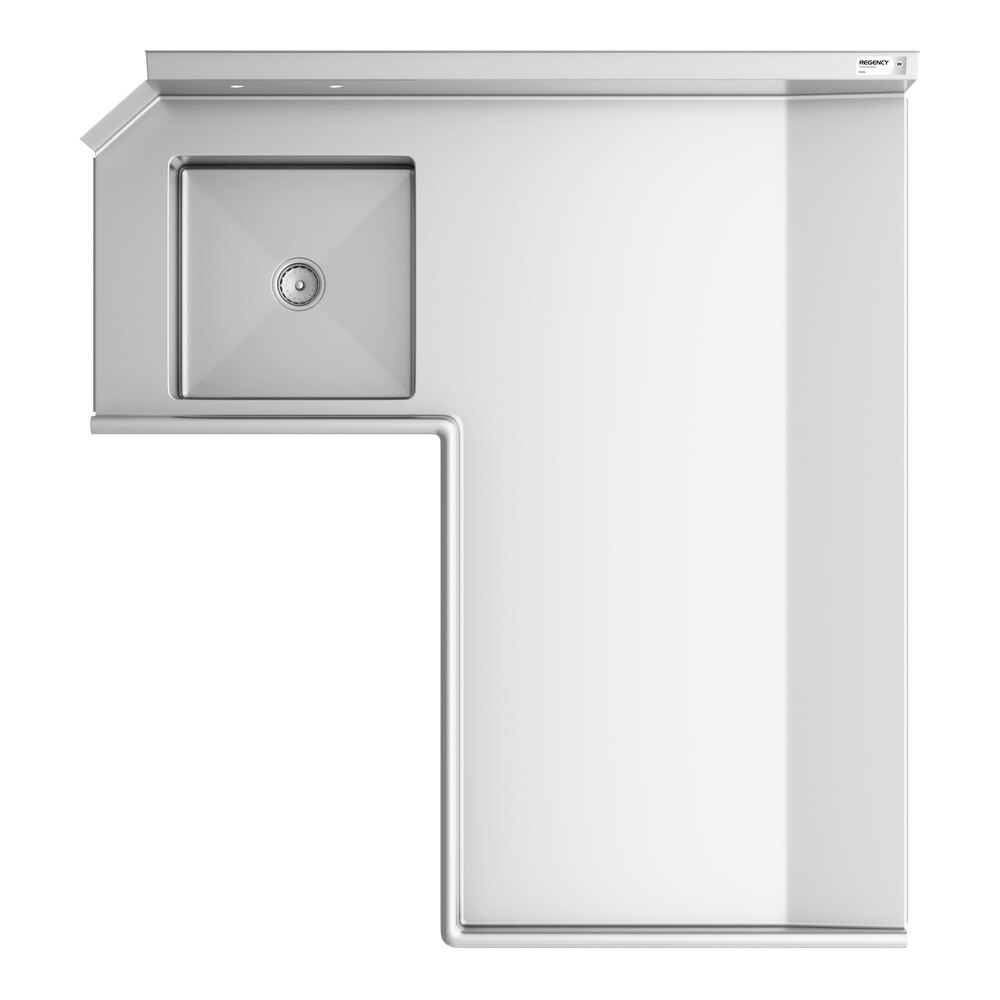 A top-down view of an L-shaped stainless steel countertop with an integrated square sink on the left side.