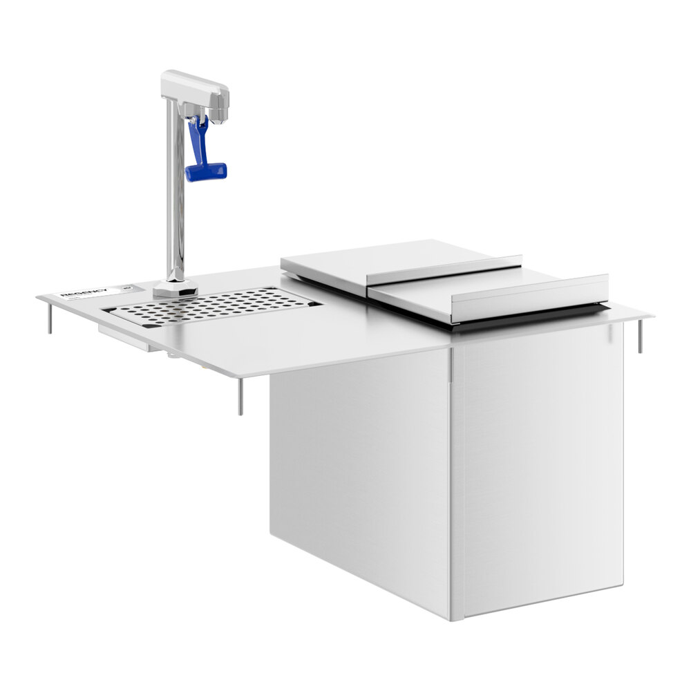 A stainless steel water station featuring an ice bin, a glass filler with a blue lever, and a grated drain area.
