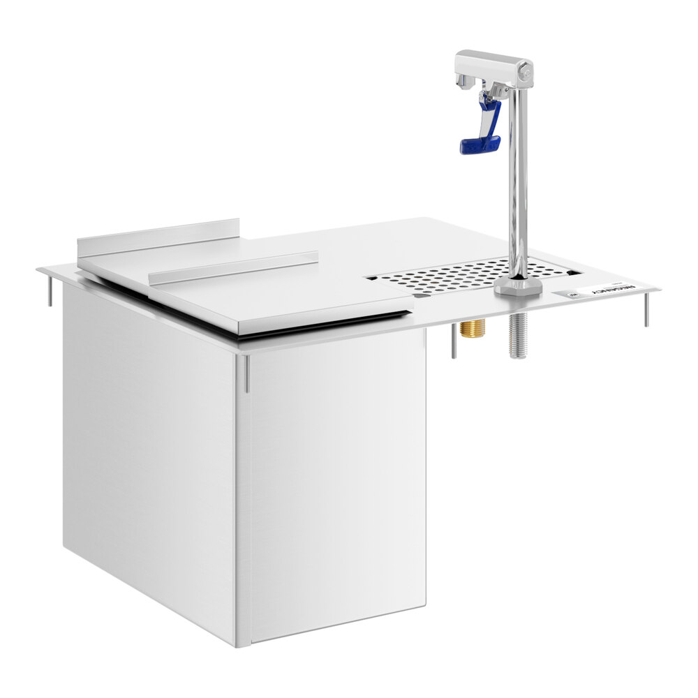 A stainless steel water station with an integrated ice bin, a glass filler faucet, and a grated drain area on the countertop.
