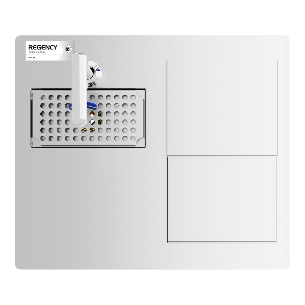 A stainless steel panel featuring a perforated section with a lever faucet, two rectangular panels, and a small label in the top left corner.