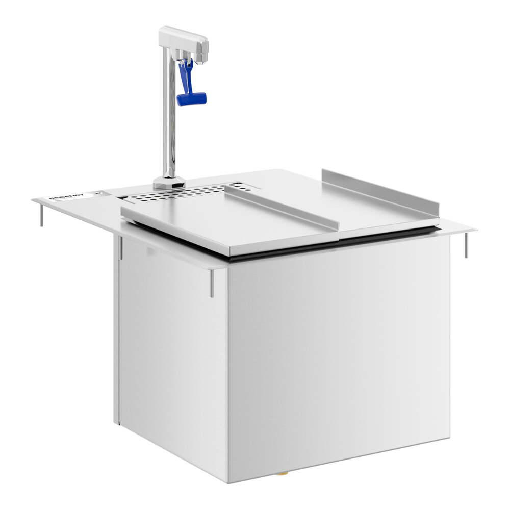 A stainless steel water station with an ice bin, sliding cover, and a tall faucet with a blue lever handle.
