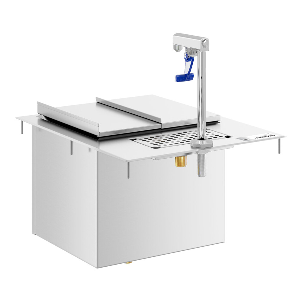 A stainless steel water station with an ice bin, sliding covers, a glass filler faucet, and a perforated drain area.