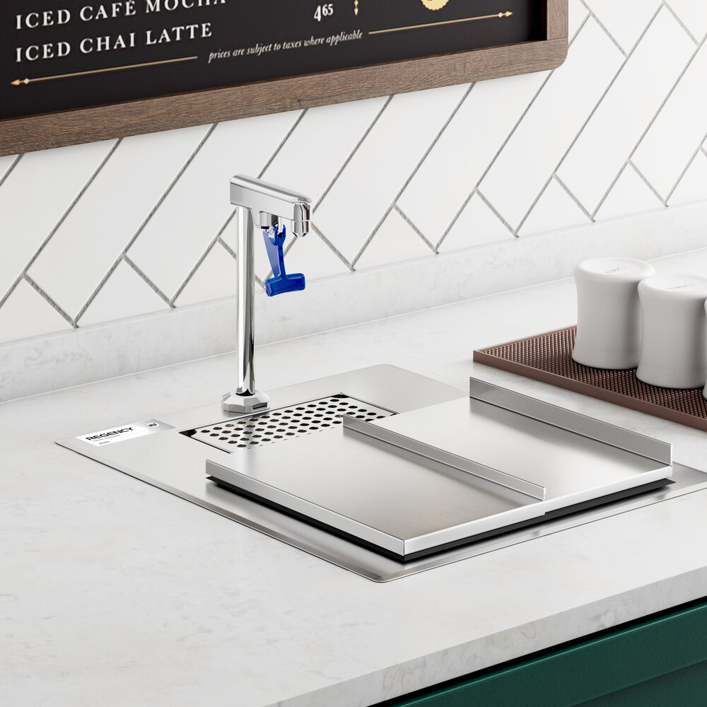 A stainless steel water station with an integrated glass filler faucet and a covered ice bin, installed in a countertop.