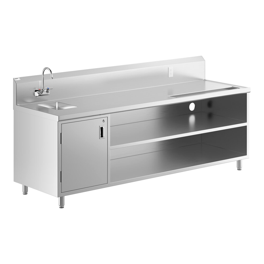 A stainless steel beverage table with a left-side sink, gooseneck faucet, storage shelves, and a cabinet.