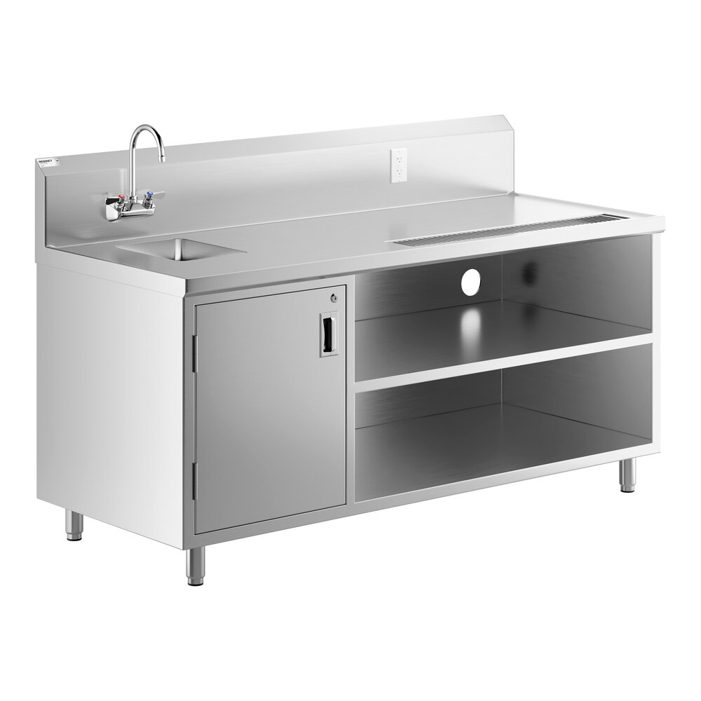 A stainless steel beverage table with a left-side sink, gooseneck faucet, storage shelves, and a cabinet.
