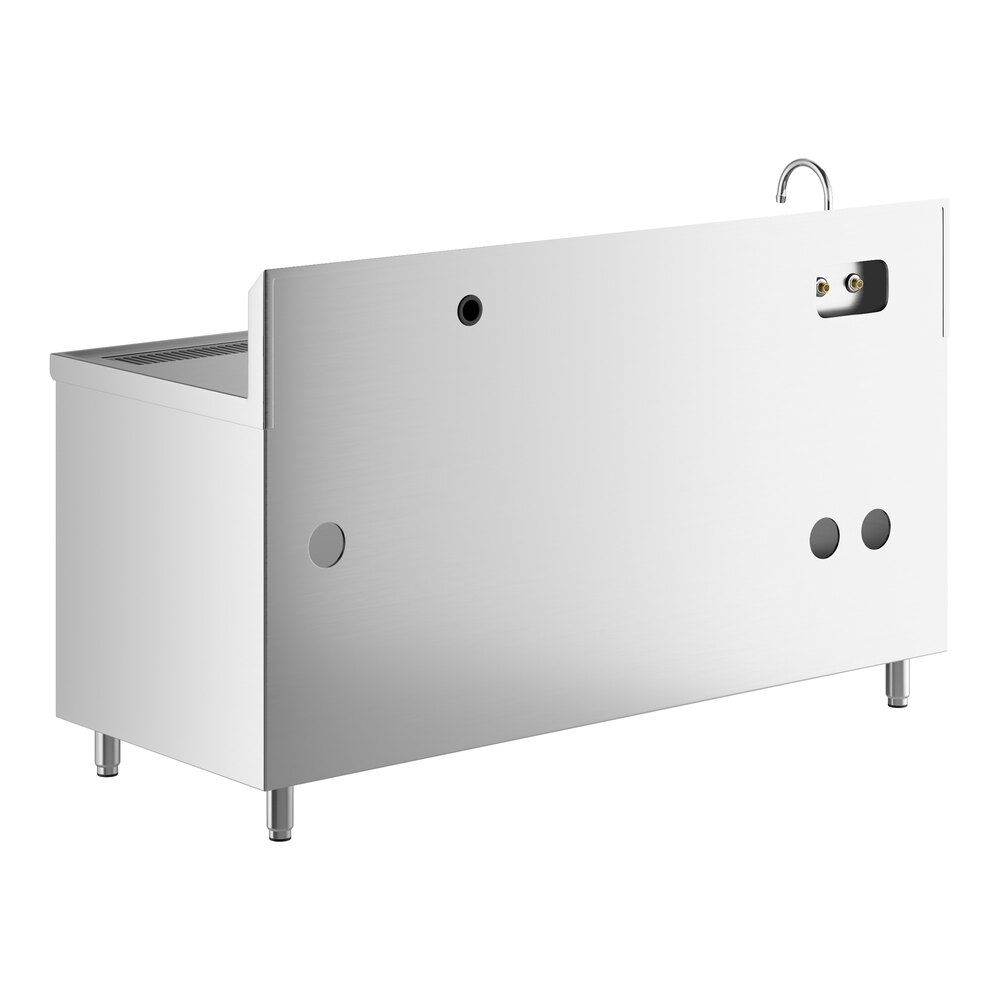 A stainless steel table with a left-side sink, a high backsplash, and a gooseneck faucet, viewed from the back.