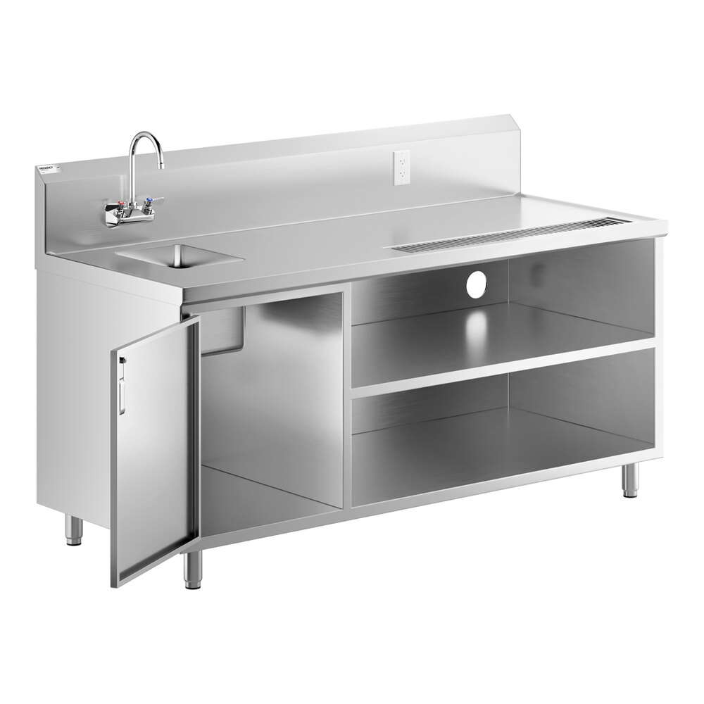 A stainless steel beverage table with a left-side sink, gooseneck faucet, open shelving, and one cabinet door.
